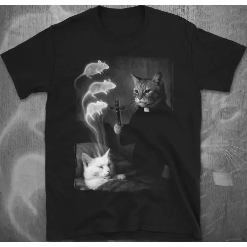 Cat Exorcist Tee | Funny Priest Cat & Ghost Mice Shirt