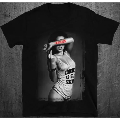 Censored Middle Finger Sexy Girl American Flag T-Shirt