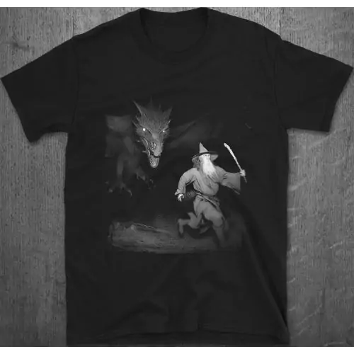 Wizard and Dragon Night Chase Gandalf Adventures Funny Graphic T-Shirt