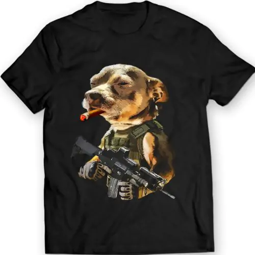 Army Pitbull Cigar Badass T-Shirt Mens Gift Idea Military Dog Warfare 100% Cotton 