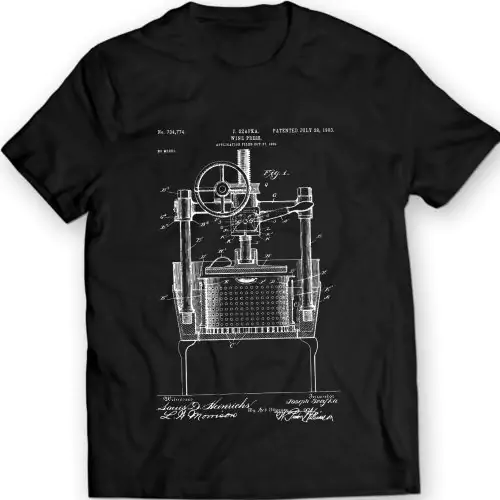 Wine Press Machine Patent T-Shirt 100% Cotton Holiday Gift Birthday Present
